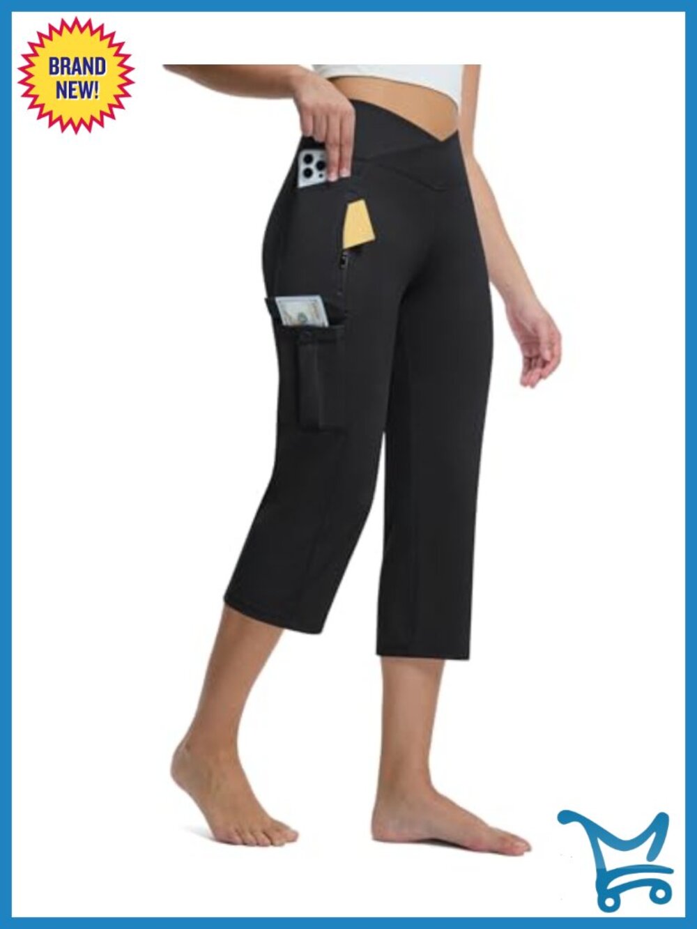 High Waist Cargo Capri Yoga Pants 5 Pockets Non-Slip 21"